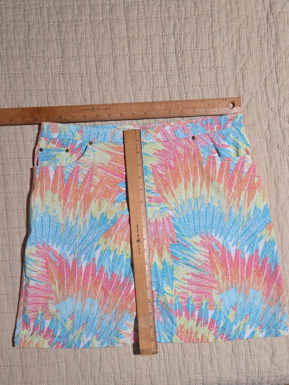 hearts of palm Multicolor Feather-Print Midi Skirt - Blue, Pink, Orange, Yellow